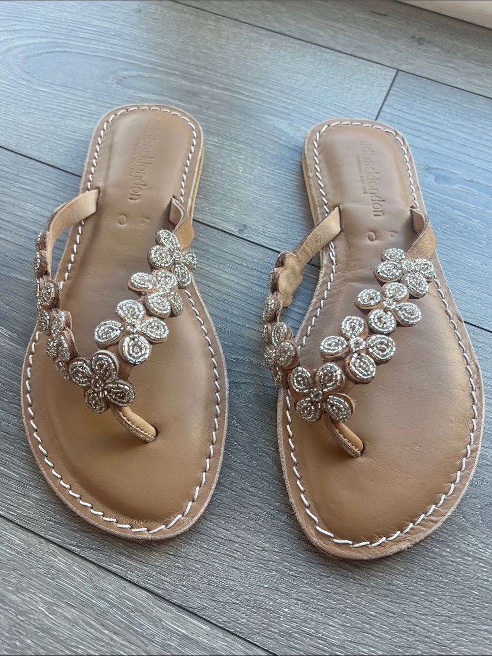Embellished Tan Leather Thong Sandals with Floral Beading